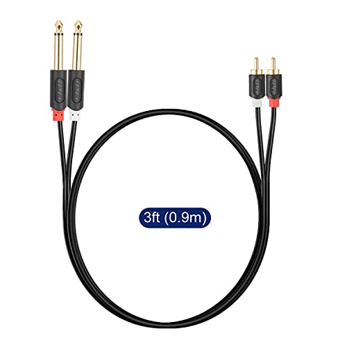 J&D Dual 1/4 Inch Ts To Dual Rca Stereo Audio Interconnect Cable, Gold Plated Audiowave Series 2 X 6.35 Mm Male Ts To 2 Rca Male Pvc Shelled Adapter Cable, 3 Feet #TOP6