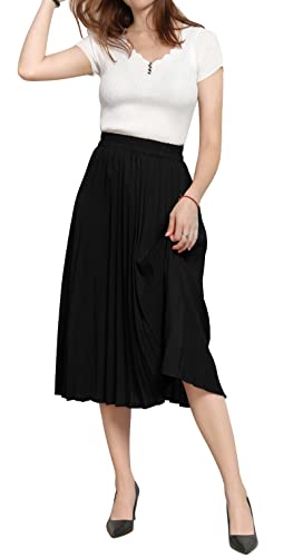 Chartou Womens Chic Elastic High Waisted A Line Leopard Print Pleated Shirring Midi-Long Skirt (Black, Medium) #TOP1