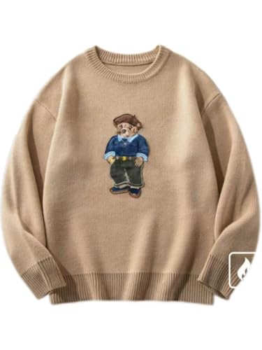 Teddy Bear Embroidered Sweater Fleece Lined Crewneck Pullover Warm Winter Knit Navy Blue Green Black (US Alpha X-Large Regular Regular Khaki)