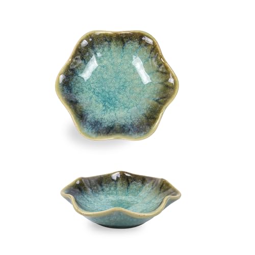 Dmnnlp Tea Bag Dish, Ceramic Spoon Rest 4.3 Inch, Flower Shape Small Bowls for Dips, Spoon Holder Kitchen, Condiment Dish, Snack Bowls, Sushi Soy Dish 2pcs (Green)