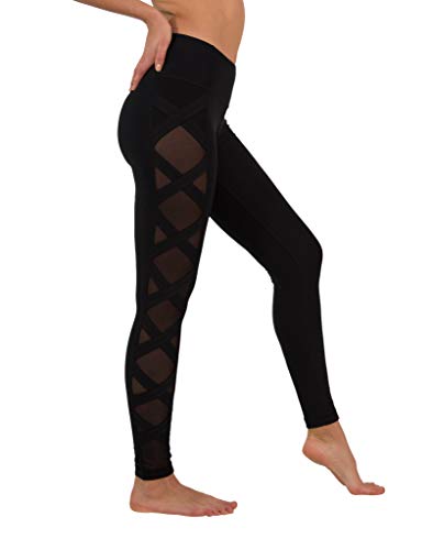 90 Degree By Reflex Women’s High Fashion Criss Cross Workout Leggings with Sheer Mesh Panels