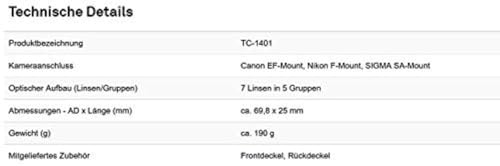 Sigma TC-1401 - Teleconvertidor (1.4X) para Nikon, Color Negro