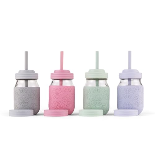 Elk and Friends Lot de 4 bocaux Mason de 473 ml avec couvercles en silicone + pailles en silicone | Bocaux en verre à pinte | Gobelets à smoothie |...