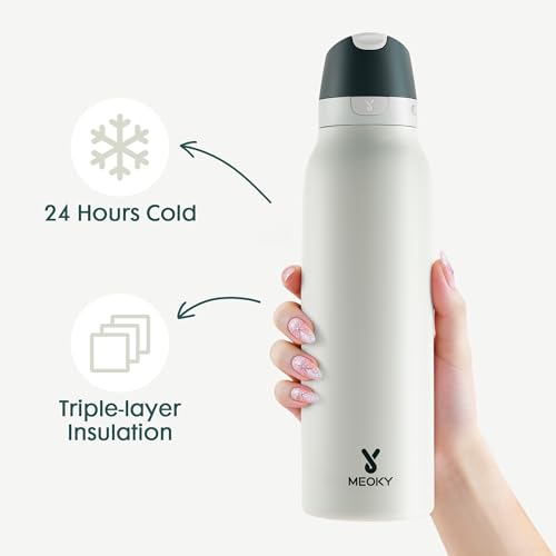 Image of Meoky 24 oz Travel Water Bottle Stainless Steel: Leak Proof Locking Lid, 2-in-1 Straw and Spout, 24 Hours Cold, Top Handle, BPA Free, Slim Insulated Water Bottle for Car Ourdoor, Frost