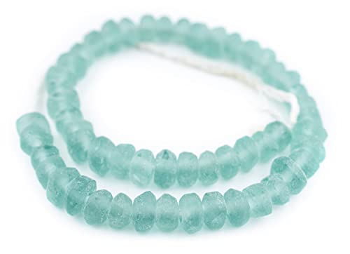 The Bead Chest Clear Marine Recycled Glass Beads 11mm Rondelle – Sea Glass Green Disk, Large Hole 23-Inch Strand, Handmade Fair Trade from Java, Indonesia I Approximately 50 Beads