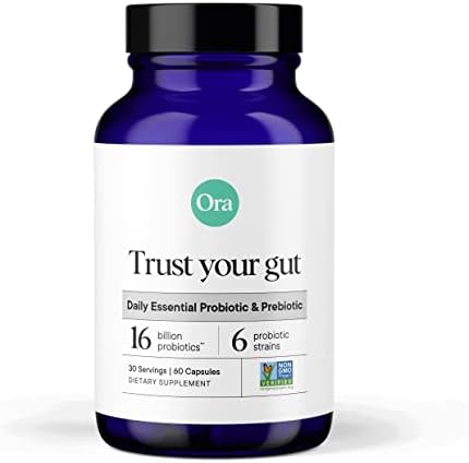 Ora Organic Probiotics with Prebiotics - 16 Billion CFU 6 Clinically Studied Strains for Digestive Health, Supports Occasional Constipation, Bloating, & Gas | Vegan, Dairy & Gluten Free, 60 Capsules