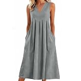 Vestidos Verano Mujer 2026,Cuello V Algodón y Lino Vestido Mujer Verano Casual Sueltos Color Sólido Vestidos Largo Cintura Alta con Bolsillos Cómodo y Transpirable Maxi Vestidos Playeros