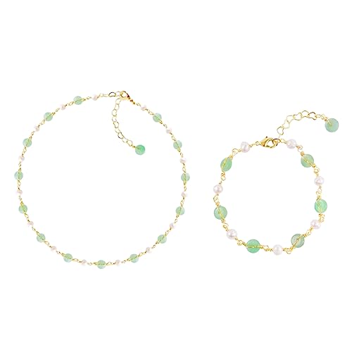 LOOYUUPEE 14K Gold Plated Natural Jade & Pearls Necklaces Bracelet