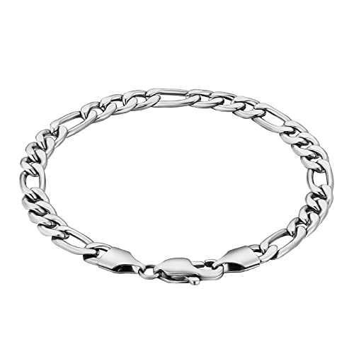 KRKC 5mm Armband Damen/Herren, 15-20cm Gliederarmband in Silber/18K Gold plattiert, Panzerkette Armband aus Edelstahl, Panzerarmband Massiv(in Silber, Figaro, 15,24cm) Cover