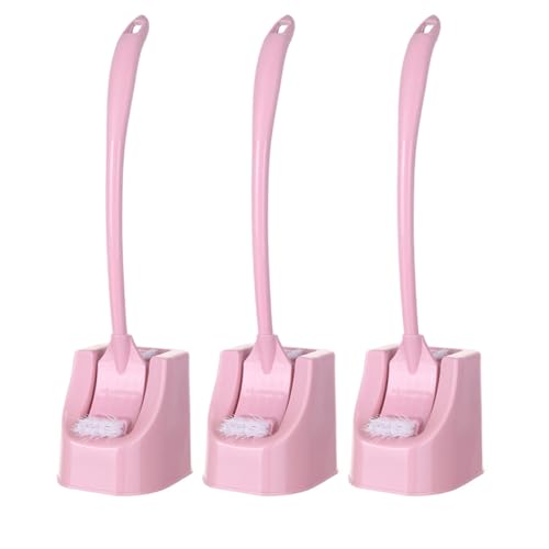 MOLUCKFU Cepillo de Baño con Base Juego de 3 Unidades Mango Largo Curvo Antideslizante Diseño para Esquinas Color Rosa Escobilla Doméstica para Limpieza en Baños Hoteles y Oficinas