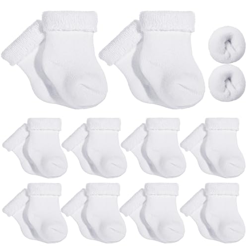 Twistover 10 Pairs Preemie Baby Terry Cotton Turn Cuff Socks for Newborn Girls Boys - Nicu(White,Preemie)