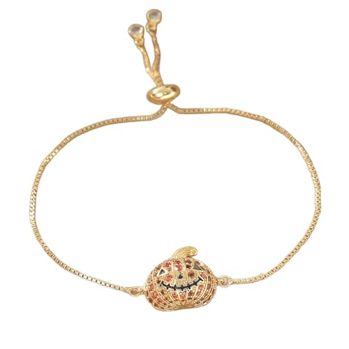 Halloween Pumpkin Bracelet for Women Crystal CZ Autumn Fall Holiday Ornament Adjustable Chain Link Bracelets Gold Plated Dainty Thanksgiving Festive Jewelry