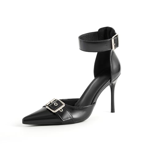 Women's Leather Buckle Strap Stiletto Pumps with Adjust Ankle Strap Sexy Closed Pointed Toe Comfortable High Heels Dress Shoes for Wedding Party Office D'Orsay Shoes