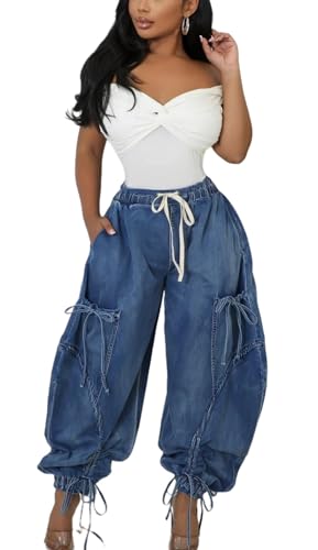 lovecarnation Elasticated Waistband Drawstring Tie Bow Loose Straight Jeans Denim Pants YMT348 Blue S