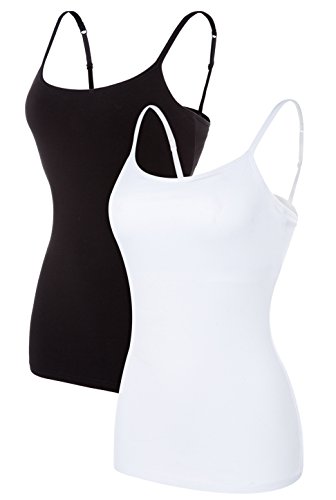 beautyin Women's Cotton Camisole with Shelf Bra Adjustable Spaghetti Strap Tank Top Cami Tanks (Black/White, L)