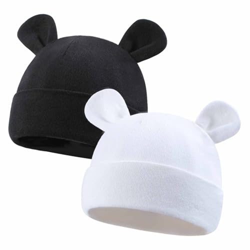 Image of Duoyeree Baby Hat Newborn Hat Adorable Cotton Bear Ear Beanie Cap for Infant Girl Boy 0-6 Months, White and Black