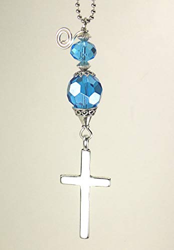 Trace Ellements Turquoise Blue Faceted Glass Silvery Christian Religious Cross Rear View Mirror