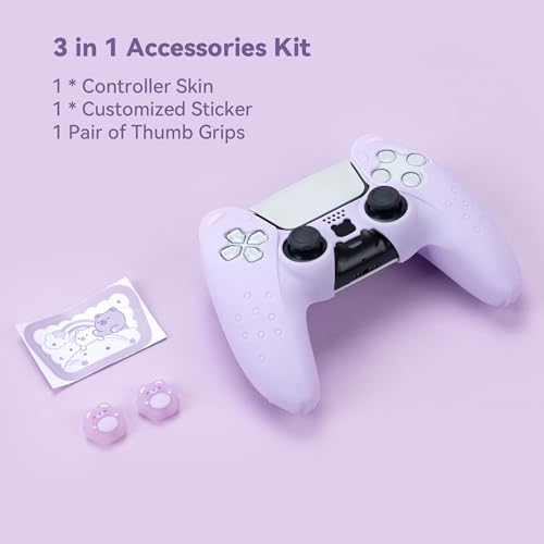 Image of GeekShare Cute Bear PS5 Controller Skin Set,Soft Anti-Slip Silicone Protective Cover Skin Case for PS5 Wireless Controller with 2 Thumb Grip Caps and 1 Sticker - Purple