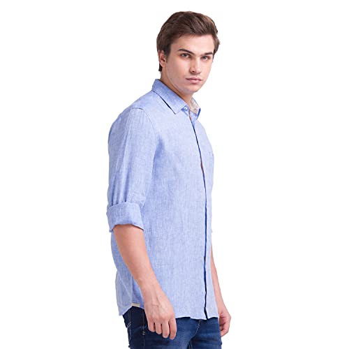 Image of Parx Linen Medium Blue Casual Shirt for Men