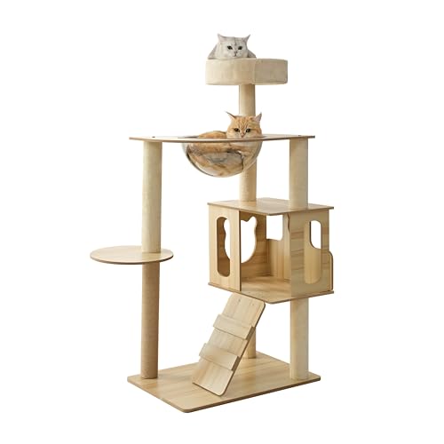 EUREKA ERGONOMIC Cat Tree Tower, 46.5 Inch Modern Cat Tower with Scratching Post, Multi-Level Large Cat Condo Wooden Cat Stand with House, Pompoms, Scratch Pad (Yellow)