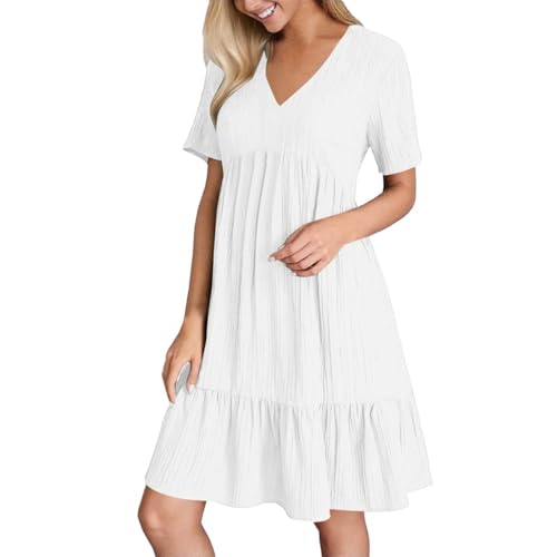Genérico Vestido largo para mujer, bohemio, fluido, maxi informal, verano, playa, casual, elegante, ligero, cómodo, holgado, manga corta, cuello en V, estampado floral A82, blanco, XXXL