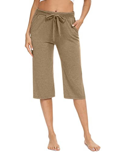 Ticioeke Pantalones Capri de Mujer con Bolsillos Pantalones Piratas Mujer Verano 3/4 Pantalones de Mujer Yoga Casuales Jogging con Hermosa Cordón para Yoga Fitness Jogging 2#Camello beigeM Cover