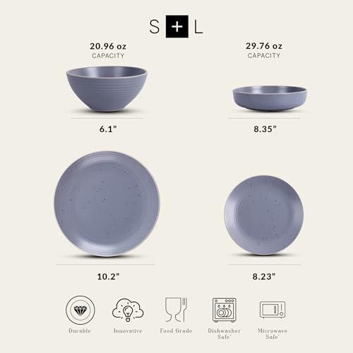 Image of Stone Lain Lauren Stoneware, Rustic Plates and Bowls Set, Dinnerware, Service for 4, Speckled Light Gray, Dishwasher & Microwave Safe, 16-Piece