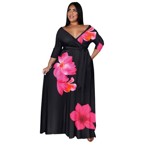 Image of Nmoder Plus Size Maxi Dress for Women - Summer Casual 3 /4 Sleeve Floral Flowy Long Dress with Belt XL- 6XL