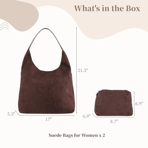 Image of Suede Tote Bag for Women, Velvet Hobo Bag, Large Capacity Shoulder Bag with Inner Zipper Pouch, Brown Commuter Bag for Work and Casual Outings