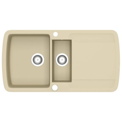 vidaXL Evier de Cuisine Double Lavabo Egouttoir Encastré Réversible avec Trou de Montage pour Robinet et Distributeur de Savon Maison Intérieur Granit Beige
