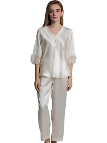 L E V I N E Women 100% Soft Handmade Silk Pajama Set V-Neck Button Short Sleeve Longwear Pants Sleeping Dress #TOP28
