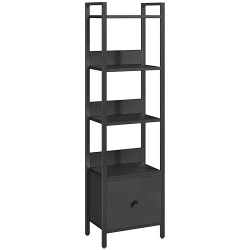 MAHANCRIS Bookshelf, 5-Tier Bookcase with Drawer, Small Book Shelf for Small Space, Storage Shelf Organizer, for Living Room, Bedroom, Study, Kitchen, Black BKHB55101