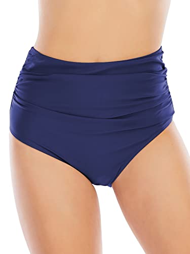 High Waisted Bikini Bottoms Tummy Control Swimsuits Bathing Suit Bottoms Swimwear for Women Navy Blue L