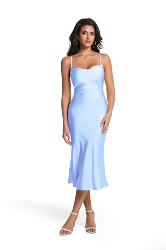 Women's Spaghetti Strap Midi Satin Slik Dress Cowl Neck Long Slip Ruched Evening Dress Party Cocktail
