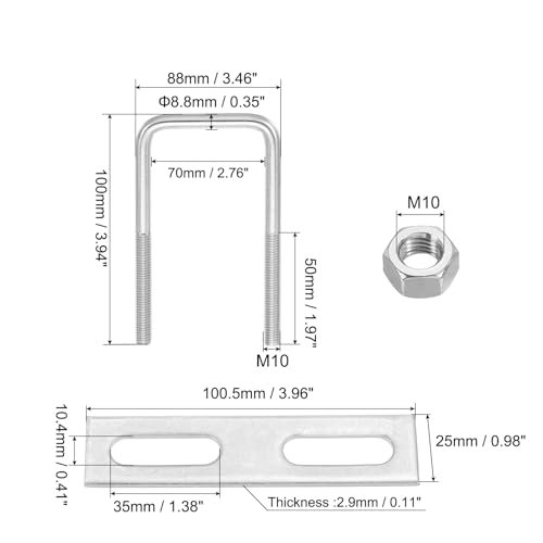 Image of PATIKIL M10x70x100mm Square U-Bolts Kit, 2Set 304 Stainless Steel Square U Shaped Bolts Replacement Parts with Frame Plates and Nuts for Ski Board Sailboat Trailer