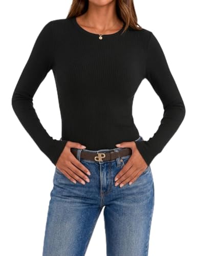 Women's Mock Neck Long Sleeve Top - Black Ribbed Slim Fit Knit Shirt with Lettuce Edge Trim