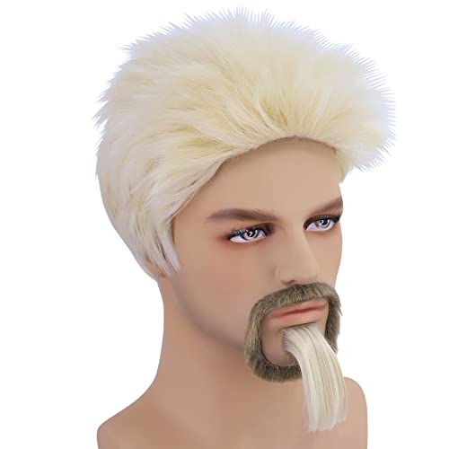 Cfalaicos Mens Short Blonde Cosplay Wig With Beard And Goatee Halloween Costume Wig For Men Heat Resistant Wig (Blonde) #TOP1