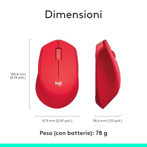 M330 SILENT PLUS Mouse Wireless, 2,4 GHz con Ricevitore USB Nano, Tracciamento Ottico 1000 DPI, Durata Batteria di 2 Anni, Compatibile con PC, Mac, Laptop, Chromebook - Rosso - Mouse gaming - Immagine 7