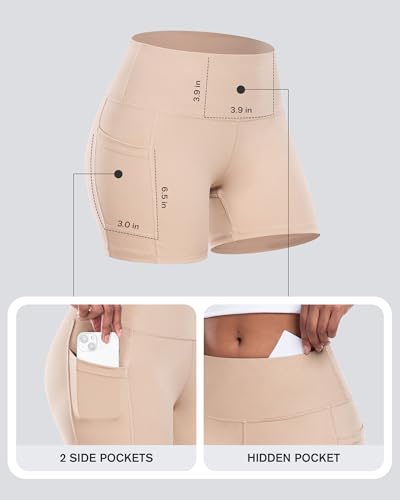 Womens Biker Yoga Shorts with Pockets: High Waisted Tummy Control Spandex Workout Athletic Gym Shorts 4 Packs(5'' 2Black,Skin,White, XL)2