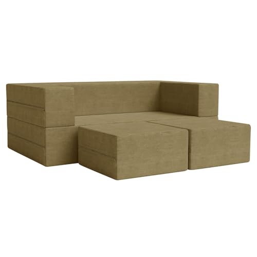 Image of Rosebell 5x6 Feett C-Type Sofa Cum Bed | Jute Fabric with Removable Washable Cover | Two-Seater with 2 Pouffes | Ideal for Living Room & Office - Golden