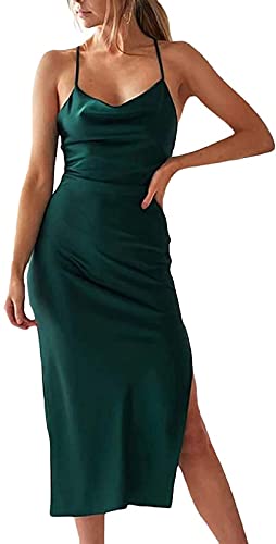 Passec Women's Sleeveless Spaghetti Strap Satin Dress Cocktail Beach Evening Party Cowl Neck Dot Leopard Midi Dresses