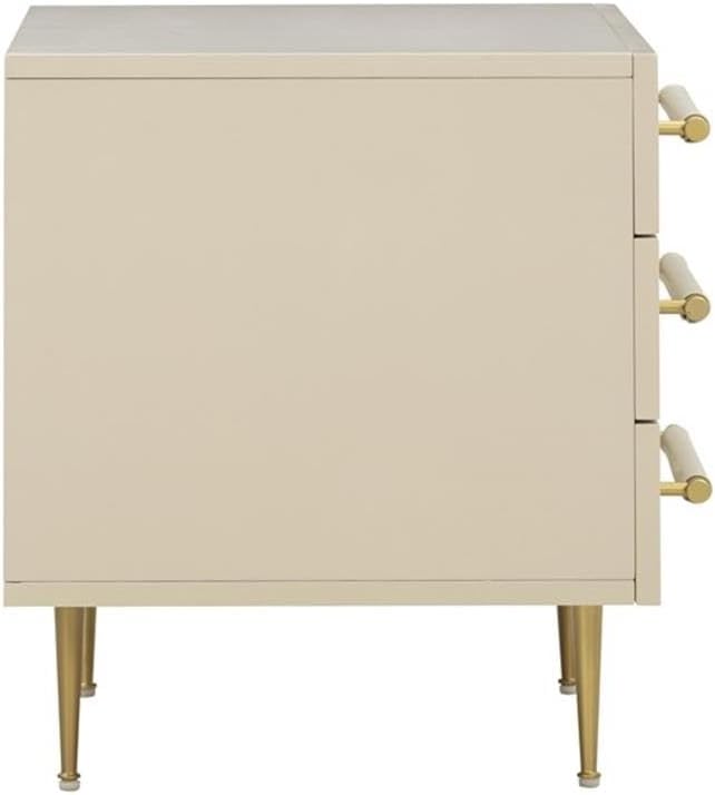 Pemberly Row Contemporary Taupe 3-Drawer Nightstand, 28" W x 19" D x 22" H, Soft-Close Drawers, Vegan Leather Handles, Brass Accents, Compact Bedroom Storage, Modern Style
