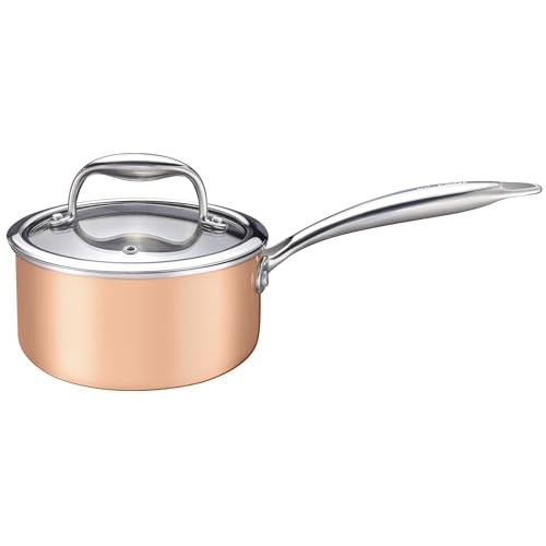 KC-Emier 1-Quart Saucepan with Lid, Tri-Ply Stainless Steel Pot with Stay-Cool Handle & All Cooktop Compatibility (Gas, Ceramic, Electric) - Copper