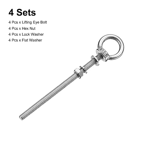 Image of uxcell Lifting Eye Bolt, 4 Sets M6x100mm Eye Bolt with Nut Washer 304 Stainless Steel Shoulder Lifting Ring Eye Bolt for Hanging Item