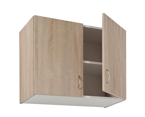 .Deftrans – Armario colgante de cocina de 80 cm de ancho – Armario superior moderno de madera de roble Sonoma – Armario de cocina colgante con tiradores de puerta cromados – Armario de pared con
