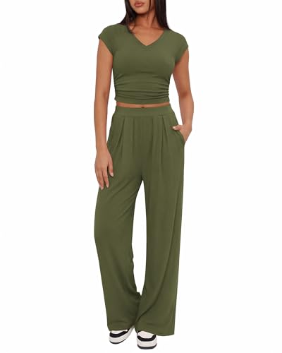 BTFBM Womens 2 Piece Outfits Spring 2026 V Neck Cap Sleeve Ruched Top Wide Leg Pants Sets Rib Knit Lounge Matching Set(Army Green, Medium)