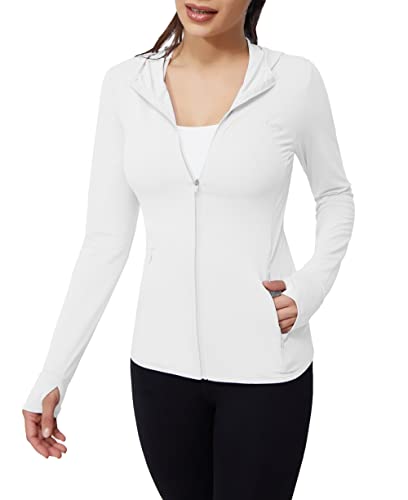 Women's Full Zip Sun Protection Hoodie Jacket Long Sleeve Sun Shirt Hiking Outdoor Performance With Pockets Upf 50+ White L #TOP1