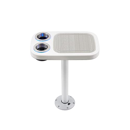 Manufacturers' Select Battery Op Lit Marine Cocktail Boat Table Leg Set with Blue LED Drink Holders Pontoon Accessories, Pedestal Table (Glossy White Table/Silver Leg/Titanium Grey Mat)