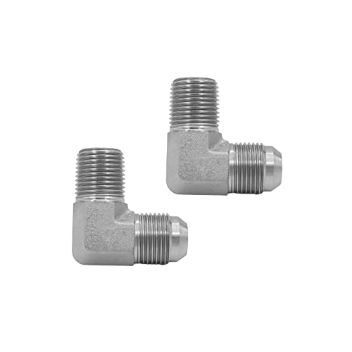 Image of (2-PACK) 2501-04-04 Hydraulic Hose Adapter Fitting 1 /4 inch Male JIC 37 Flare (7 /16-20 UNF) x 1 /4 inch Male (1 /4-18 NPTF) 90 Elbow SAE Pipe Joints Connector Carbon Steel