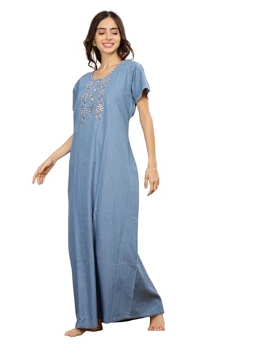Image of 9shines Label Stylish Denim Cotton Nighty Maxi for Women | Full Length Trendy Nightgown | Premium Nightdress | Nightwear | Embroidery Nighty with Pocket (9SDS)